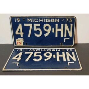Michigan Pair 1973 Blue License Plates 4795-HN Glass Bead Schmaltz Paint‎